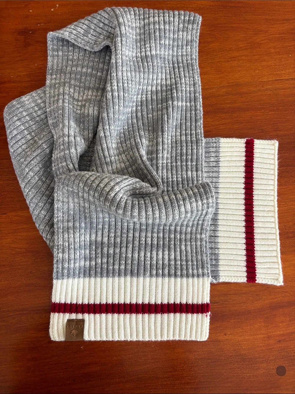 Canada Wool Ribbed Scarf in Gray, Cream & Red Stripe